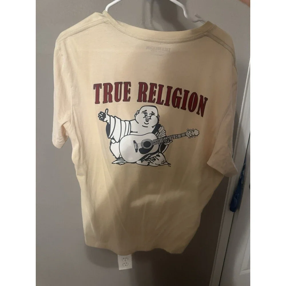 True Religion Men’s L Beige Buddha Logo Crew Neck Short Sleeve T-Shirt